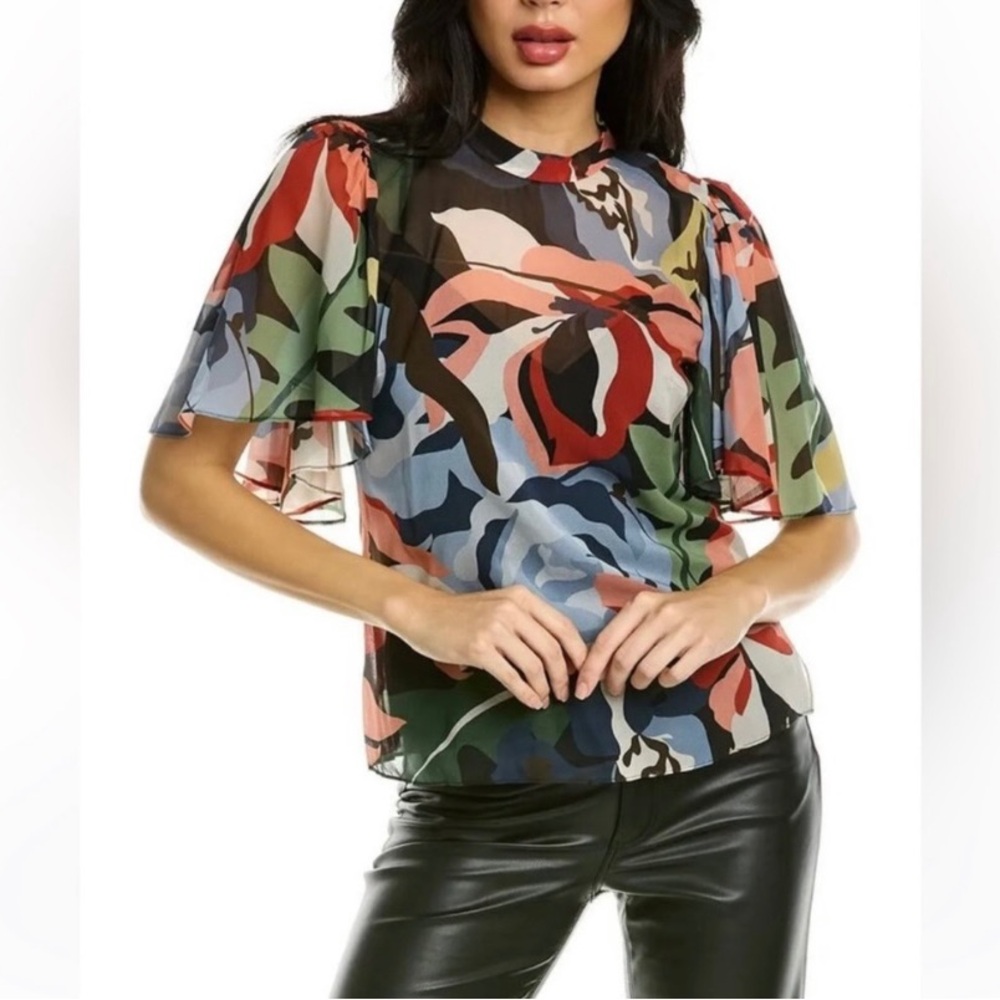 Rebecca Taylor Silk Botanical Garden Mock Neck Top Blouse Flutter Sleeve